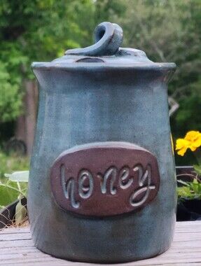 Studio Pottery Honey Pot Stoneware Blue Dragonfly Pottery 5.75" Tall wLid Signed